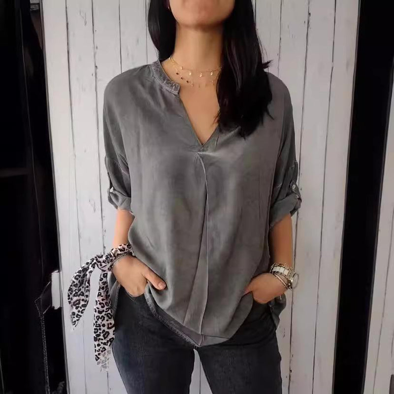 Blusa Casual Respirável Cor Sólida Gola V Top