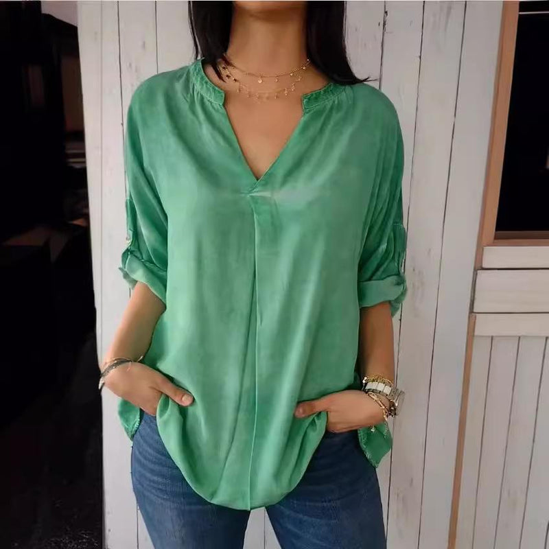 Blusa Casual Respirável Cor Sólida Gola V Top