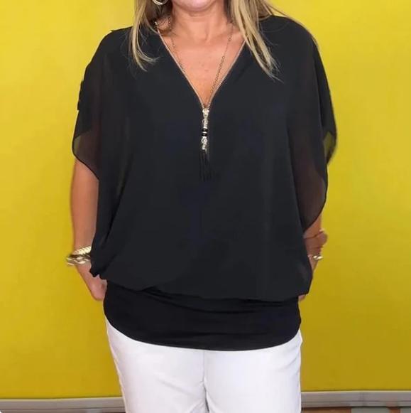 Camisa casual de chiffon com gola alta e zíper