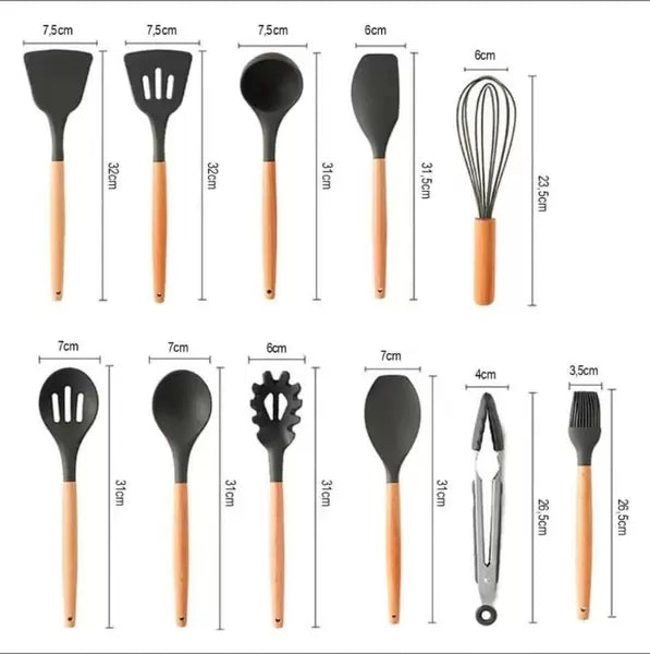 Kit 12 Peças Utensílios de Cozinha Completo - Silicone com Cabo de Madeira