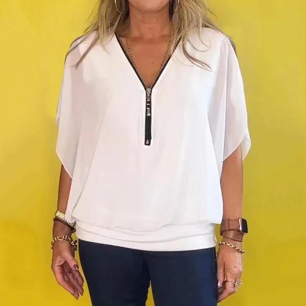 Camisa casual de chiffon com gola alta e zíper