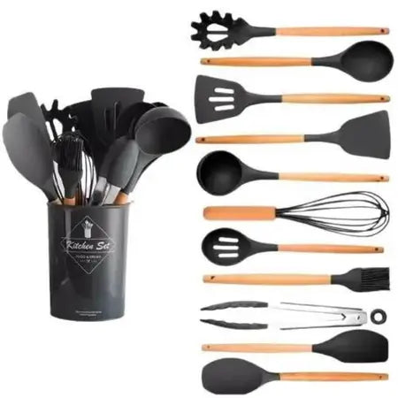 Kit 12 Peças Utensílios de Cozinha Completo - Silicone com Cabo de Madeira