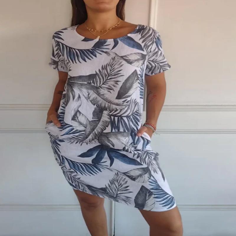 Vestido Feminino Algodão e Linho Gola Redonda Estampado