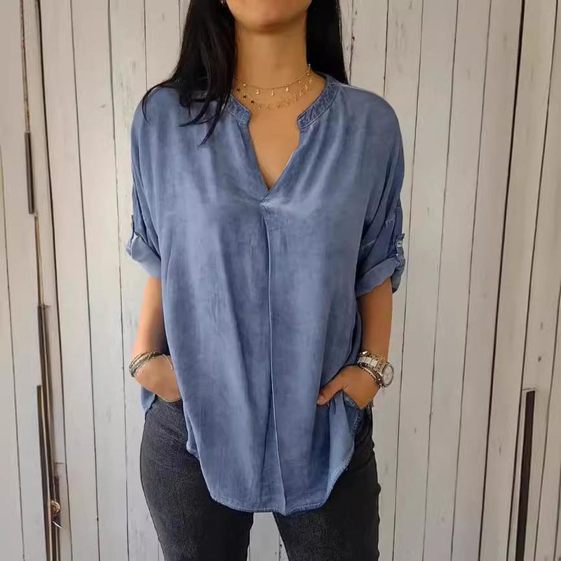 Blusa Casual Respirável Cor Sólida Gola V Top