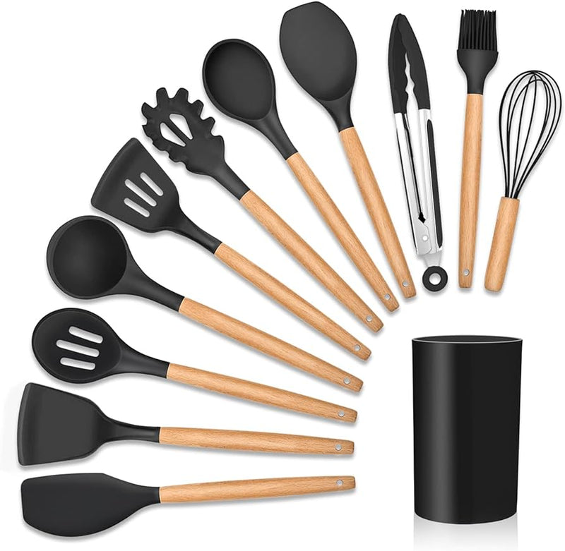 Kit 12 Peças Utensílios de Cozinha Completo - Silicone com Cabo de Madeira