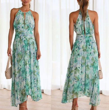 Vestido Midi Zanettie - Floral Menta sem mangas frente única elegantes em camadas plissadas sem costas vestidos longos de verão