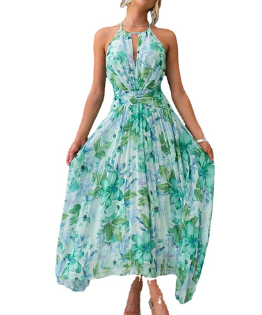 Vestido Midi Zanettie - Floral Menta sem mangas frente única elegantes em camadas plissadas sem costas vestidos longos de verão