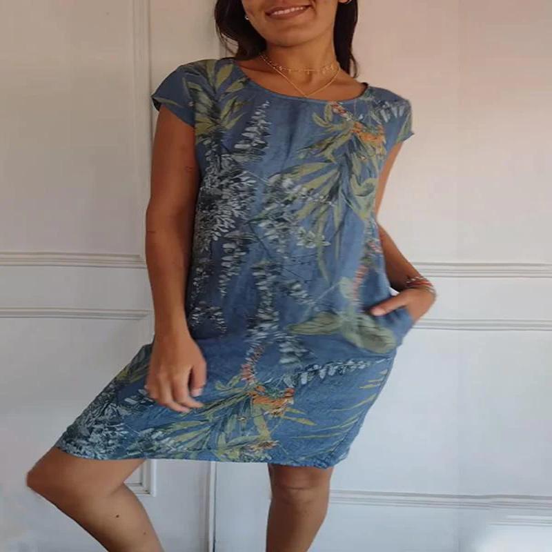 Vestido Feminino Algodão e Linho Gola Redonda Estampado