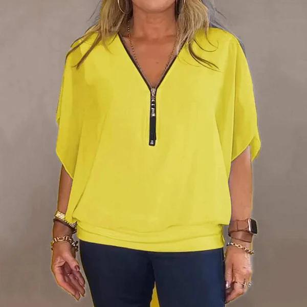 Camisa casual de chiffon com gola alta e zíper