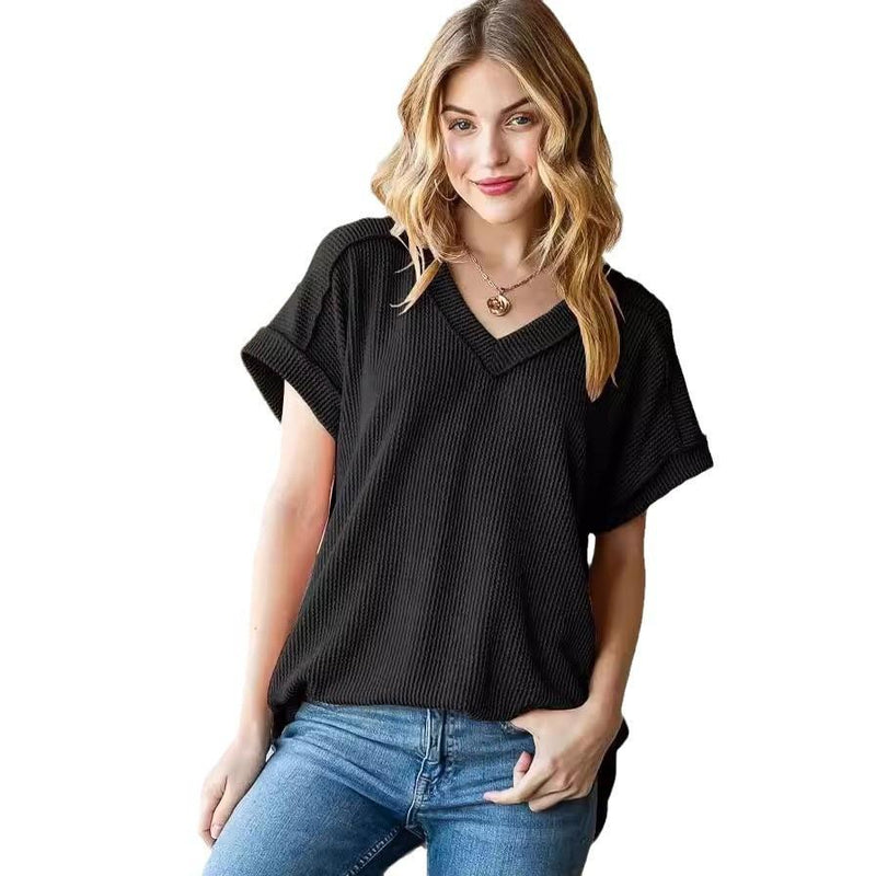 2024 Amazon TikTok Casual Jacquard Knit Loose V Neck Short Sleeve T-Shirt-VA