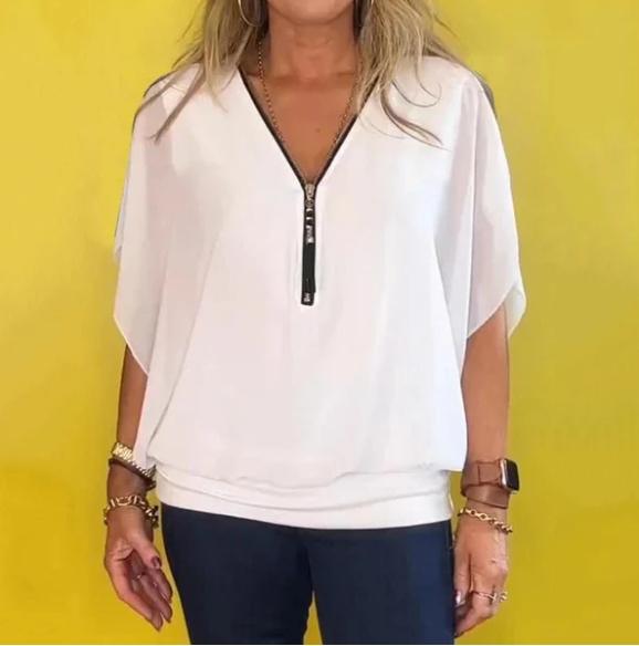 Camisa casual de chiffon com gola alta e zíper