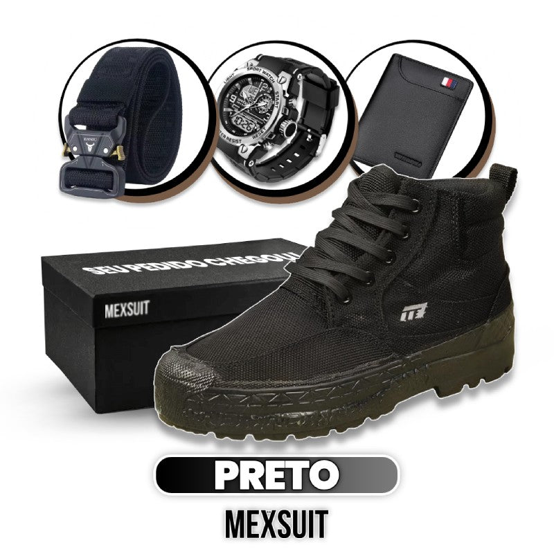 Kit Bota Militar Tactical Masculina de Couro Legitimo + 3 BRINDES: Cinto, Relógio e Carteira