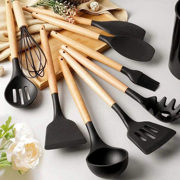 Kit 12 Peças Utensílios de Cozinha Completo - Silicone com Cabo de Madeira