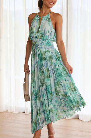 Vestido Midi Zanettie - Floral Menta sem mangas frente única elegantes em camadas plissadas sem costas vestidos longos de verão