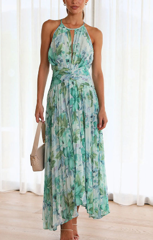 Vestido Midi Zanettie - Floral Menta sem mangas frente única elegantes em camadas plissadas sem costas vestidos longos de verão