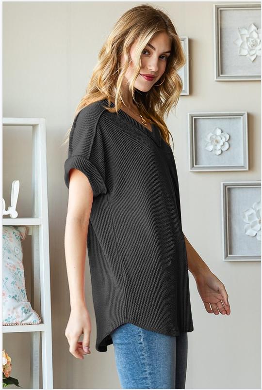 2024 Amazon TikTok Casual Jacquard Knit Loose V Neck Short Sleeve T-Shirt-VA