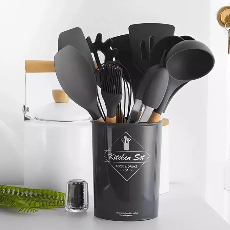 Kit 12 Peças Utensílios de Cozinha Completo - Silicone com Cabo de Madeira