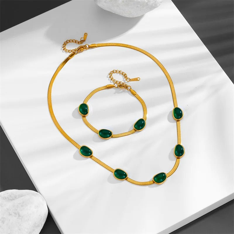 Conjunto Colar e Pulseira Esmeralda (Banhado a Ouro 18k)