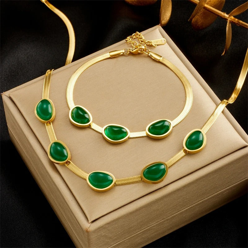 Conjunto Colar e Pulseira Esmeralda (Banhado a Ouro 18k)